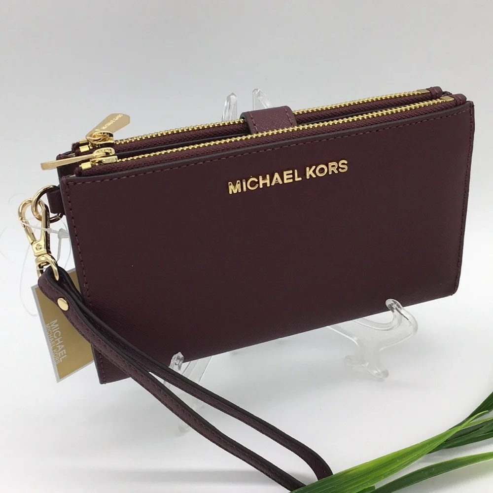 Jet Set Travel LG Double Zip Wristlet Wallet Leather Merlot